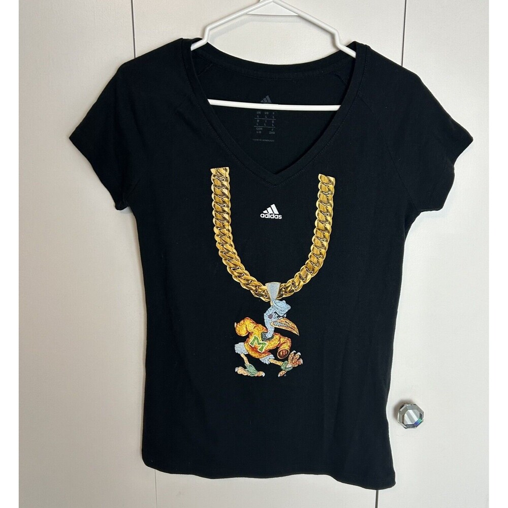 ADIDAS Miami Hurricanes V-Neck Black T-Shirt W/Sebastian Mascot Chain Sz L